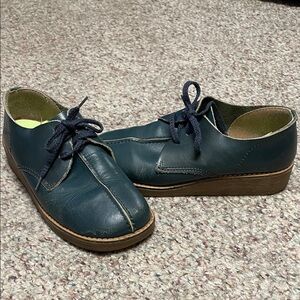 Vintage 70s square toe Dark Green “kayak” Leather Lace-Up Shoes